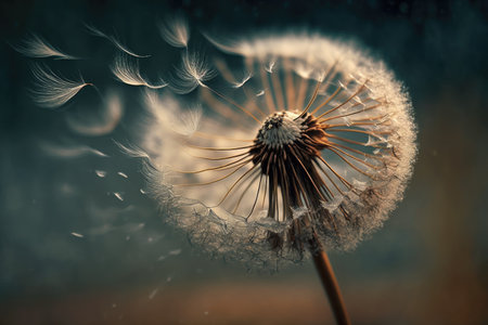 close-up of dandelion seed head in the wind, with seeds flying away, created with generative aiの素材
