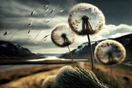 dandelion seed pods in the wind, with a serene landscape in the background, created with generative aiの素材