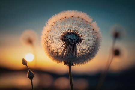 dandelion seed head against blue sky in sunrise, created with generative aiの素材