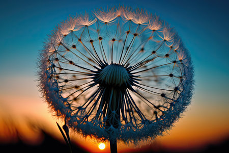 dandelion seed head against blue sky in sunrise, created with generative aiの素材