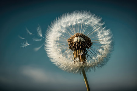 dandelion seed head floating in the wind, with a clear blue sky in the background, created with generative aiの素材