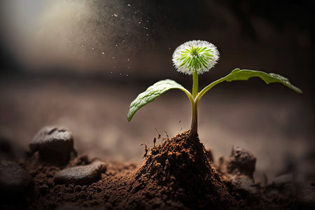 dandelion seedling sprouting from soil, created with generative aiの素材
