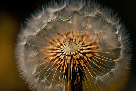 close-up of dandelion seed head, with seeds in full bloom, created with generative aiの素材