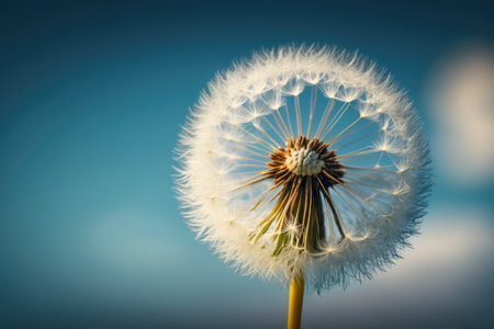 dandelion with seeds and blue sky in the background, created with generative aiの素材