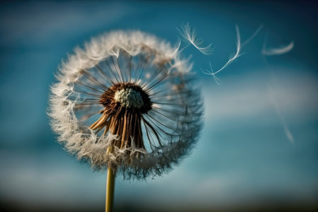 dandelion seed head blowing in the wind, with blue sky in the background, created with generative aiの素材