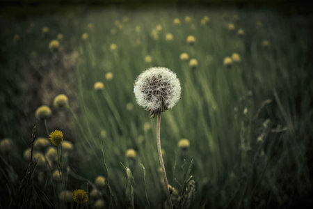 dandelion growing among tall grass in the field, created with generative aiの素材