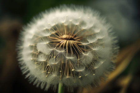 close-up of dandelion with seeds and fluffy white tufts in nature, created with generative aiの素材