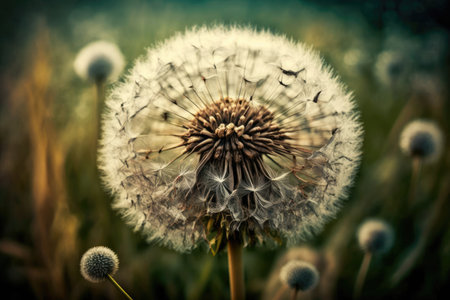 dandelion seed head in a field of blooming flowers, created with generative aiの素材