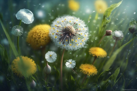 dandelion with seeds flowering in meadow, surrounded by other wildflowers, created with generative aiの素材