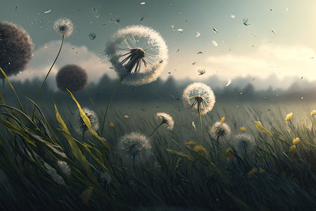 dandelion field, with the breeze blowing the seeds away, created with generative aiの素材