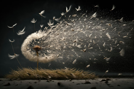 dandelion seed storm, with hundreds of seeds flying in the wind, created with generative aiの素材