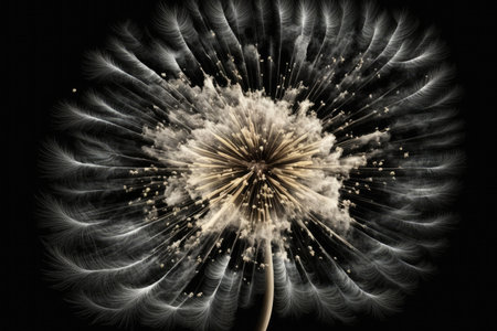 dandelion seed burst, with hundreds of seeds flying into the air, created with generative aiの素材
