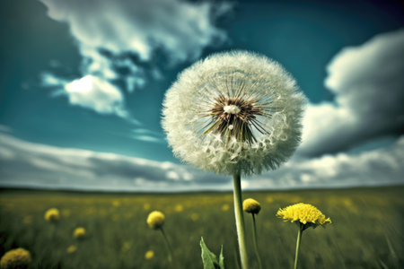 dandelion growing in meadow, with blue sky and fluffy clouds in the background, created with generative aiの素材