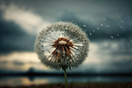 dandelion with seeds against cloudy sky in the morning, created with generative aiの素材