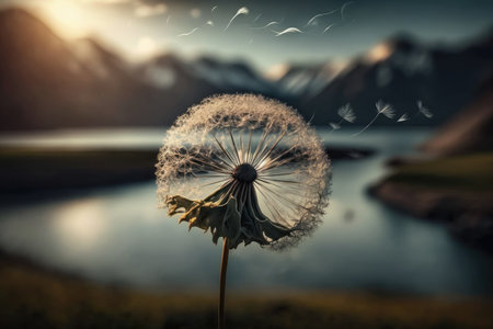 dandelion seed head blowing in the wind, with a beautiful view of nature in the background, created with generative aiの素材