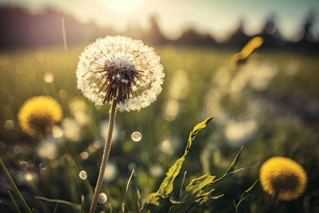 dandelion surrounded by flowering meadow on sunny day, created with generative aiの素材