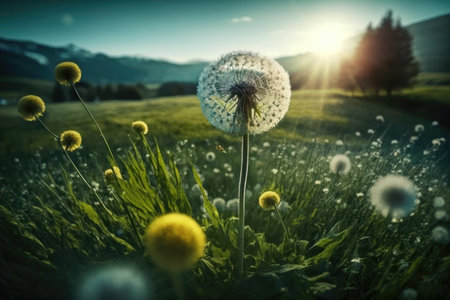 dandelion surrounded by flowering meadow on sunny day, created with generative aiの素材