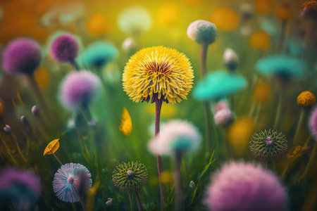 dandelion surrounded by wildflowers in field of blooms, created with generative aiの素材