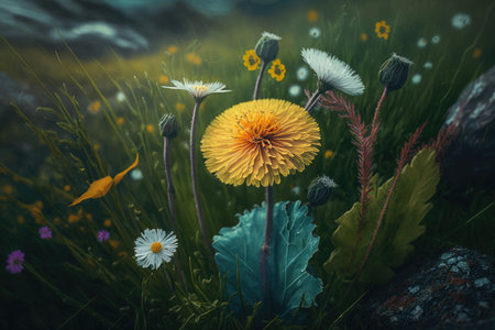 dandelion surrounded by wildflowers in field of blooms, created with generative aiの素材