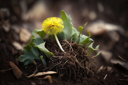 dandelion sprout growing from compost pile, created with generative aiの素材