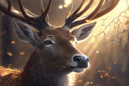 close-up of deers face, with sunbeams shining through the trees, created with generative aiの素材