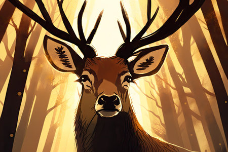 close-up of deers face, with sunbeams shining through the trees, created with generative aiの素材