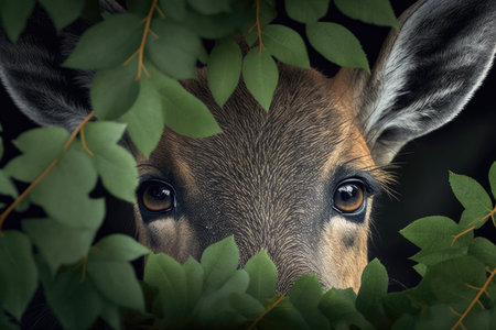 close-up of deers face, with its eyes and nose peeking out from behind the foliage, created with generative aiの素材