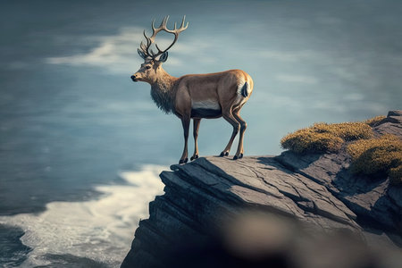 deer standing on rock, its hooves perched on the edge of a cliff, created with generative aiの素材