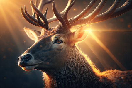 close-up of deers face, with sun shining behind it, created with generative aiの素材