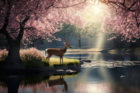 peaceful scene with deer, sunbeams, and blooming cherry blossom in the background, created with generative aiの素材