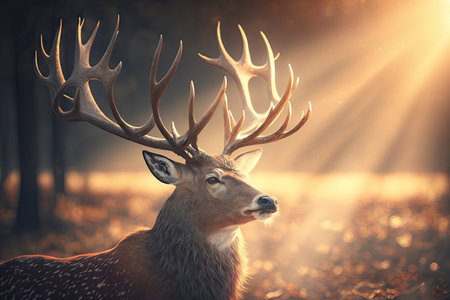 majestic buck with the warm rays of the sun shining through his antlers, created with generative aiの素材