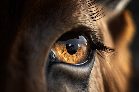 close-up of deers eye, with the sun shining behind its head, created with generative aiの素材