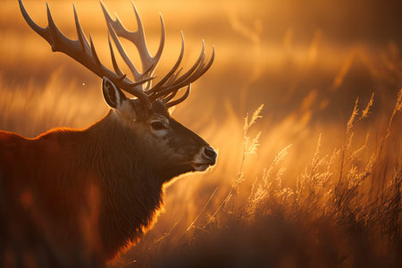 red deer with golden sunlight shining on its fur, grazing in meadow, created with generative aiの素材