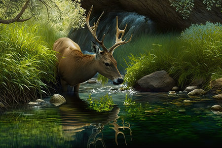 deer drinking from crystal-clear stream, surrounded by lush green foliage, created with generative aiの素材