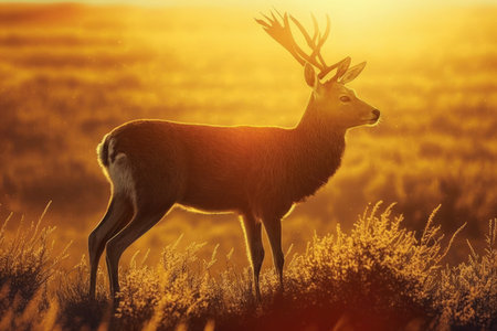 deer stands on the edge of a meadow, sun shining behind it, created with generative aiの素材