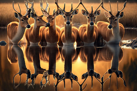 group of deer, with the sun shining behind them, looking at their reflection in clear pond, created with generative aiの素材