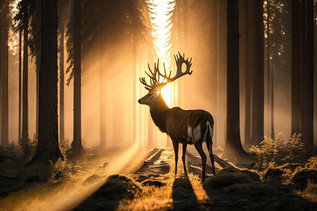 deer walks through a forest, with the sun shining on its fur, created with generative aiの素材