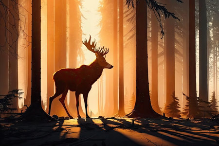 deer walks through a forest, with the sun shining on its fur, created with generative aiの素材