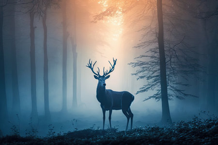 spring dawn with deer in the misty forest, created with generative aiの素材