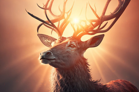 majestic deer with its head raised, eyes fixed on the sun, and antlers in full view, created with generative aiの素材