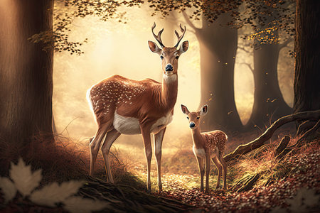 peaceful woodland scene with a doe and her fawn, basking in the warmth of the sun, created with generative aiの素材