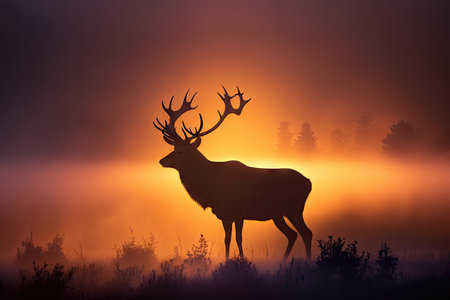 majestic deer silhouetted against the sunrise, with misty morning fog on the horizon, created with generative aiの素材
