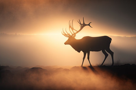 majestic deer silhouetted against the sunrise, with misty morning fog on the horizon, created with generative aiの素材
