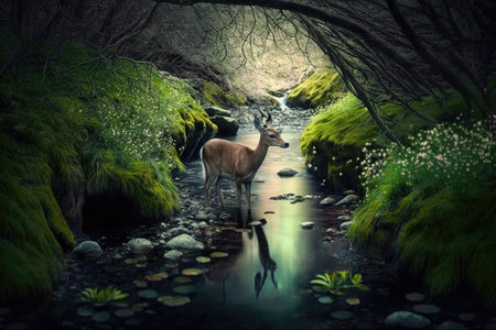 a deer quietly drinking from a stream, surrounded by the natural beauty of spring, created with generative aiの素材
