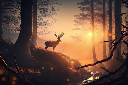 time-lapse, with sun rising over forest and deer looking on, created with generative aiの素材