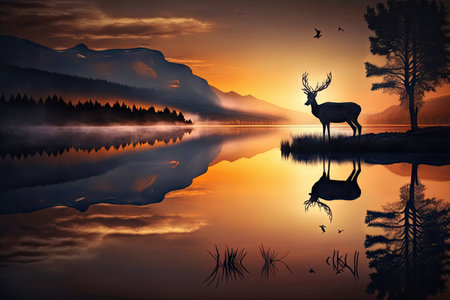 peaceful sunrise, with deer and its reflection in tranquil lake, created with generative aiの素材