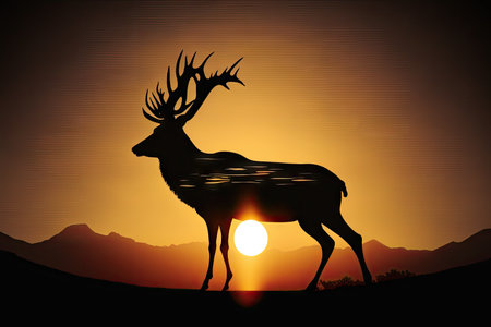 a deer silhouetted against the sun, with its head turned to the sky, created with generative aiの素材