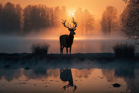 misty morning with deer looking toward rising sun, created with generative aiの素材