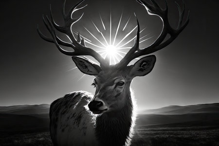 striking black and white portrait of deer with the sun behind it, created with generative aiの素材