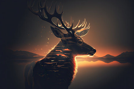 majestic head of deer turned away from the sun, looking toward the light, created with generative aiの素材